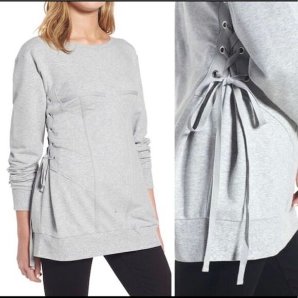 TROUVE Gray Corset Sweater Lace Up Side Crewneck Sweatshirt - Picture 1 of 12
